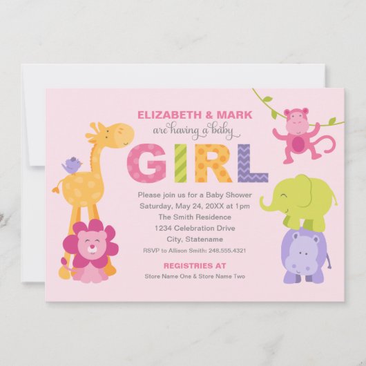 ピンクモダンのジャングル動物ガールベビーシャワー 招待状 (正面)