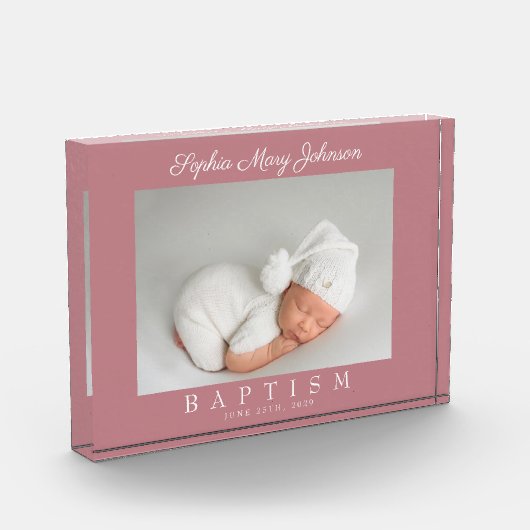 ピンクモダンのスクリプトバプテスマ フォトブロック (左)