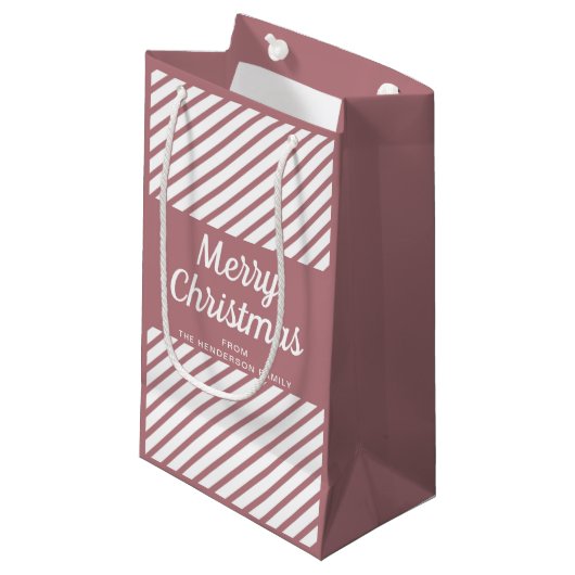 ピンクモダンのストライプクリスマス スモールペーパーバッグ (正面アングル)