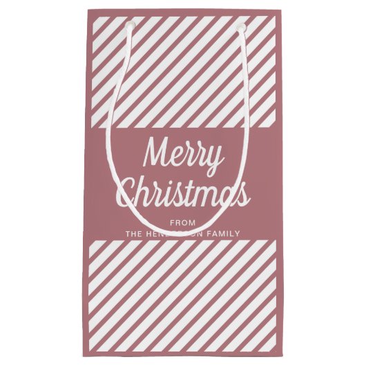 ピンクモダンのストライプクリスマス スモールペーパーバッグ (正面)