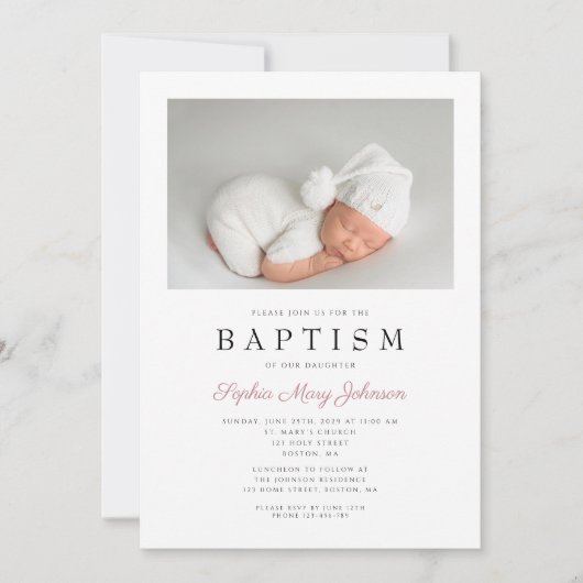 ピンクモダンのストライプ女のエレガント子の洗礼写真 招待状 (正面)