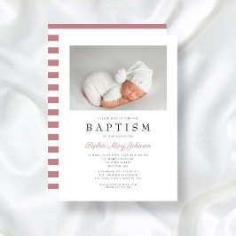 ピンクモダンのストライプ女のエレガント子の洗礼写真 招待状