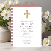 ピンクモダンのストライプ女の子の最初の聖餐式 招待状