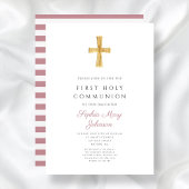 ピンクモダンのストライプ女の子の最初の聖餐式 招待状