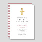 ピンクモダンのストライプ女の子の最初の聖餐式 招待状