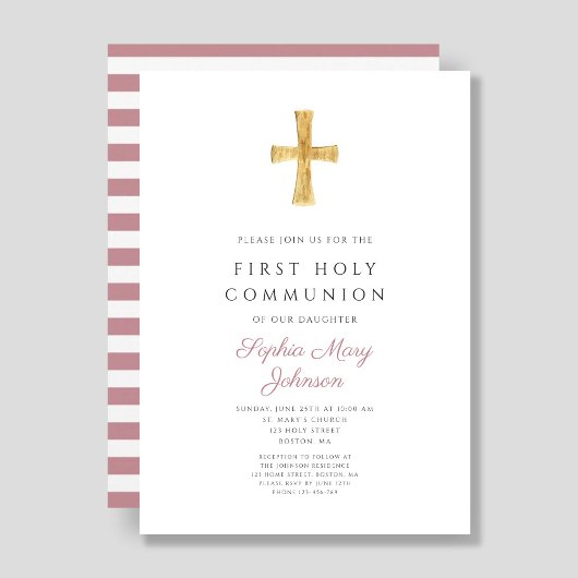 ピンクモダンのストライプ女の子の最初の聖餐式 招待状