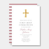 ピンクモダンのストライプ女の子の最初の聖餐式 招待状