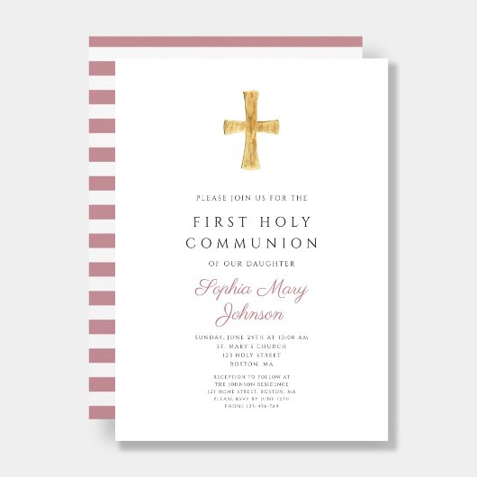 ピンクモダンのストライプ女の子の最初の聖餐式 招待状