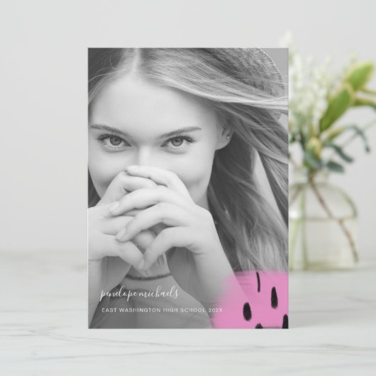 ピンクモダンのスプラッシュ1枚の写真卒業パーティー 招待状 (スタンド正面)