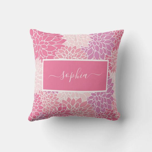 ピンクモダンのダリア花のパターンのスクリプト名 クッション (裏面)