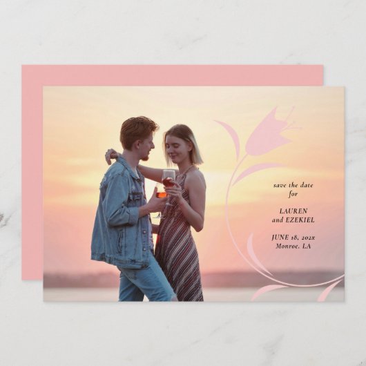 ピンクモダンのチューリップの結婚式の日付を保存 招待状 (正面/裏面)
