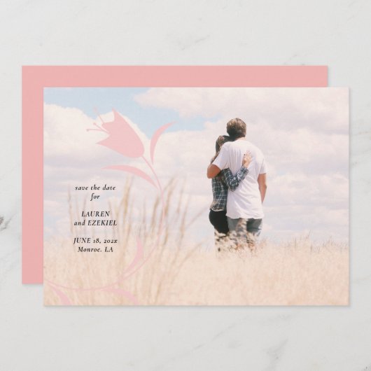 ピンクモダンのチューリップの結婚式の日付を保存 招待状 (正面/裏面)