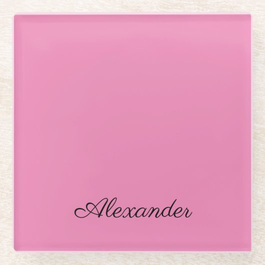 ピンクモダンのテンプレート、黒のスクリプト ガラスコースター (正面)