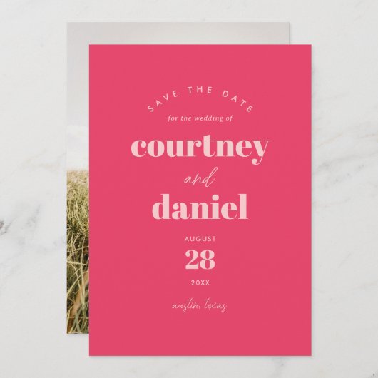 ピンクモダンのトレンディー写真の日付の保存 セーブザデート (正面/裏面)