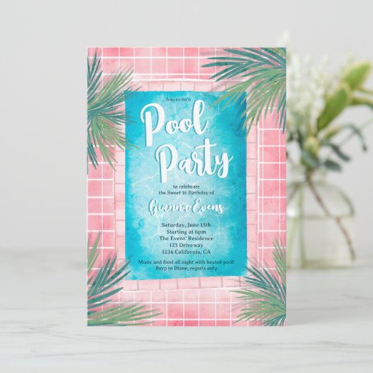 ピンクモダンのトロピカルパームブループールパーティースウィート16 招待状 (スタンド正面)