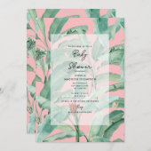 ピンクモダンのトロピカルパ葉ームの赤ん坊シャワー 招待状 (正面/裏面)