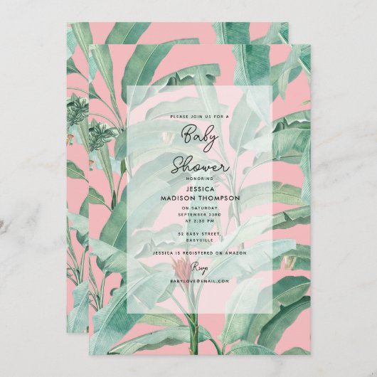 ピンクモダンのトロピカルパ葉ームの赤ん坊シャワー 招待状 (正面/裏面)