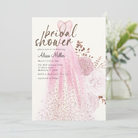 ピンクモダンのドレ結婚スのブライダルシャワーの招待状 招待状 (スタンド正面)