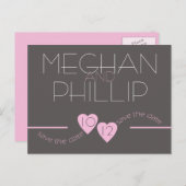 ピンクモダンのハート日付の保存 案内ポストカード (正面/裏面)