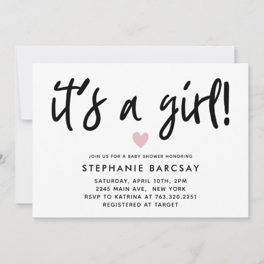 ピンクモダンのハート赤ちゃんシャワー 招待状 (正面)