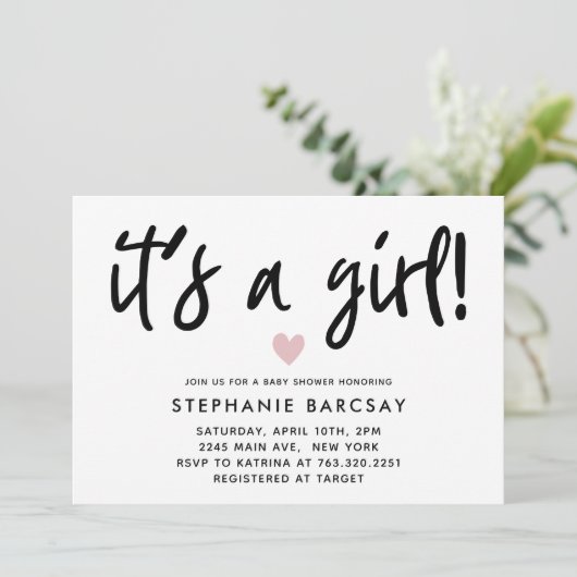 ピンクモダンのハート赤ちゃんシャワー 招待状 (スタンド正面)