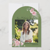 ピンクモダンのバラの台本の写真卒業 招待状 (裏面)