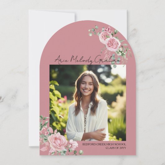 ピンクモダンのバラの台本の写真卒業 招待状 (裏面)