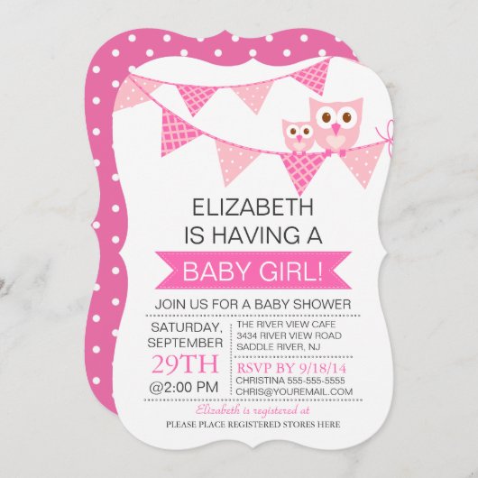 ピンクモダンのバンティンフクロウ女の子ベビーシャワー 招待状 (正面/裏面)