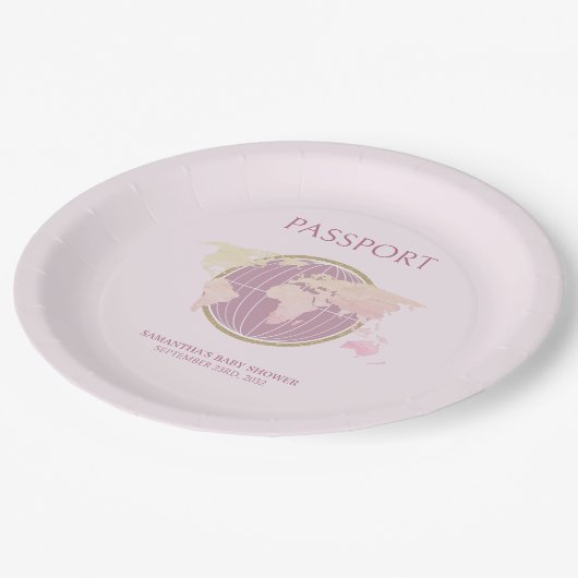 ピンクモダンのパスポートをテーマにした赤ちゃんシャワー ペーパープレート (アングル)