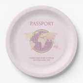 ピンクモダンのパスポートをテーマにした赤ちゃんシャワー ペーパープレート (正面)