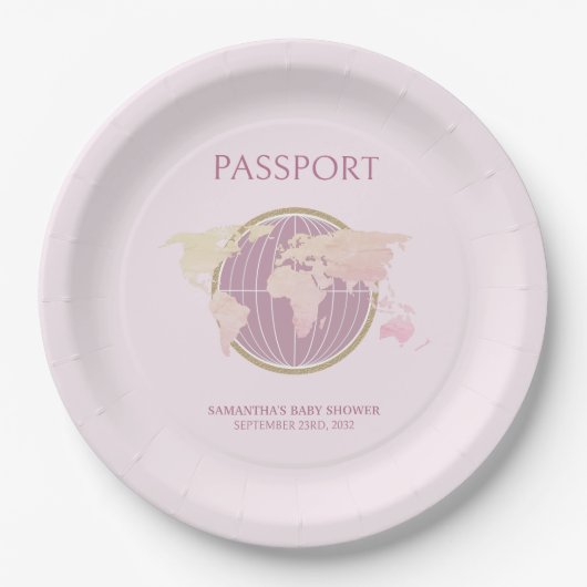 ピンクモダンのパスポートをテーマにした赤ちゃんシャワー ペーパープレート (正面)
