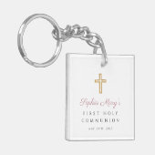 ピンクモダンのフォトガールファースト聖餐式 キーホルダー (正面左)