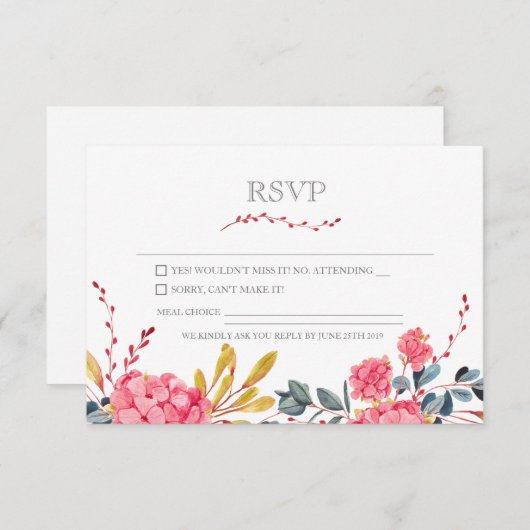 ピンクモダンのフローラかわいらしRSVPカード 出欠カード (正面/裏面)
