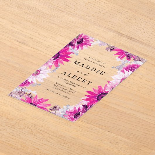 ピンクモダンのフローラフレ結婚ーム アクリル招待状 (レイダウン)