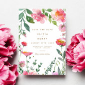 ピンクモダンのフローラ写真結婚式の日付を保存 招待状