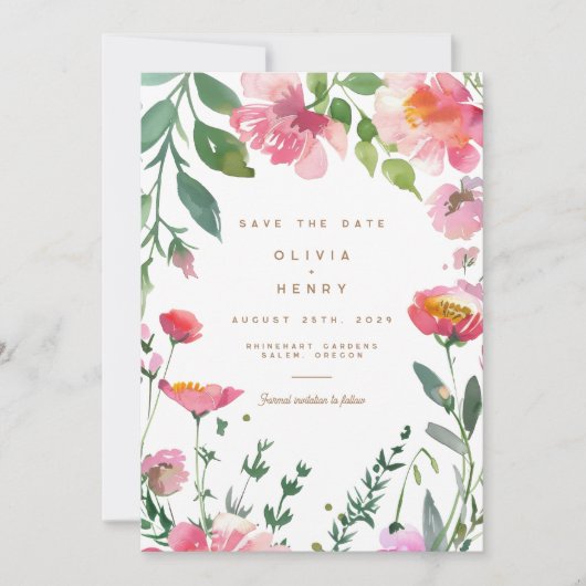 ピンクモダンのフローラ写真結婚式の日付を保存 招待状 (正面)