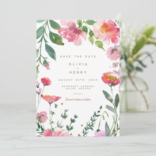 ピンクモダンのフローラ写真結婚式の日付を保存 招待状 (スタンド正面)