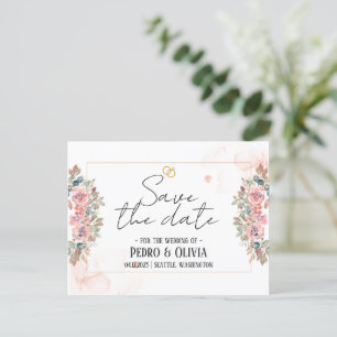 ピンクモダンのフローラ結婚式は日付を保存 ポストカード