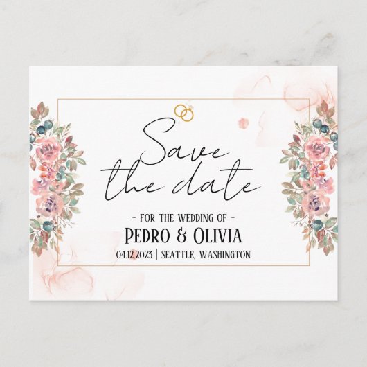 ピンクモダンのフローラ結婚式は日付を保存 ポストカード (正面)