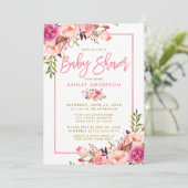 ピンクモダンのブラシスクリプトフローラ金ゴールドベビーシャワー 招待状 (スタンド正面)