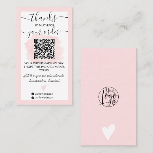 ピンクモダンのブラシストロークのロ感謝していゴQrコード 名刺 (正面/裏面)