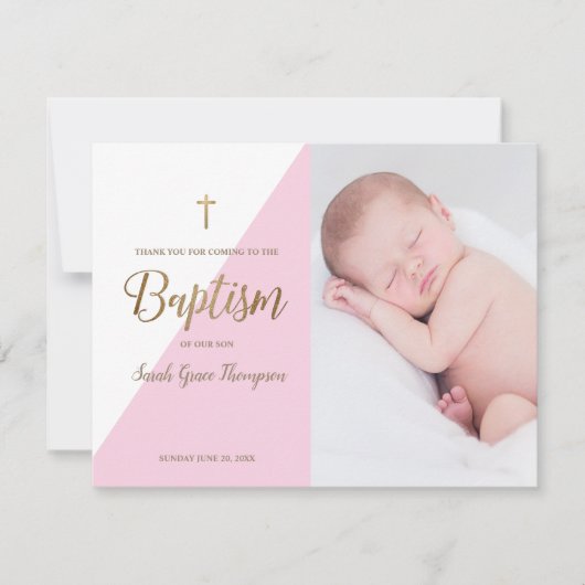 ピンクモダンのベビーガール写真バプテスマ カード (正面)