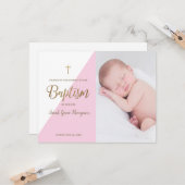 ピンクモダンのベビーガール写真バプテスマ カード (正面/裏面インサイチュ)