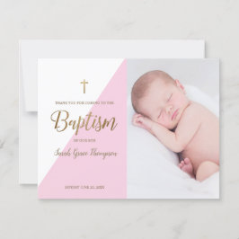 ピンクモダンのベビーガール写真バプテスマ カード