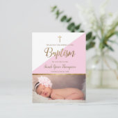 ピンクモダンのベビーガール写真バプテスマ ポストカード (スタンド正面)