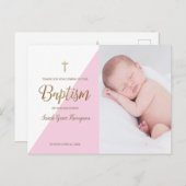 ピンクモダンのベビーガール写真バプテスマ ポストカード (正面/裏面)