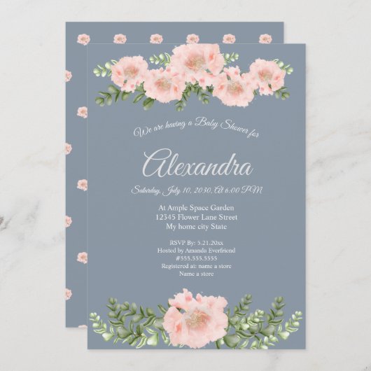 ピンクモダンのポピーエレガントフローラの赤ちゃんシャワー 案内状 (正面/裏面)