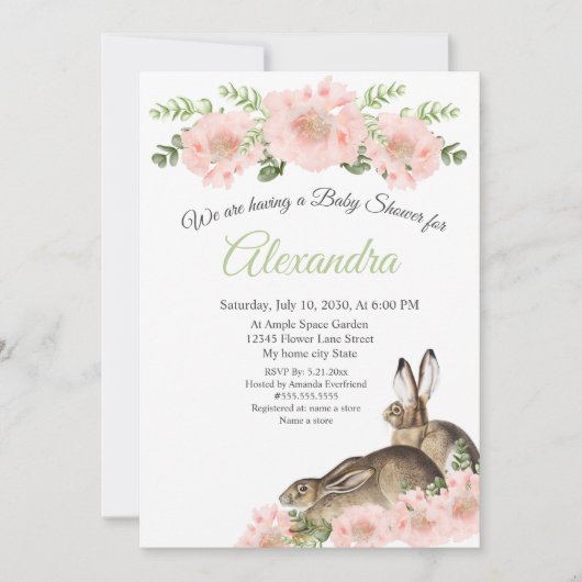 ピンクモダンのポピーエレガントフローラの赤ちゃんシャワー 案内状 (正面)