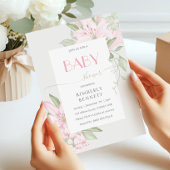 ピンクモダンのユリ緑離れの赤ちゃんシャワー 招待状