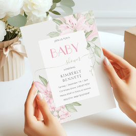 ピンクモダンのユリ緑離れの赤ちゃんシャワー 招待状